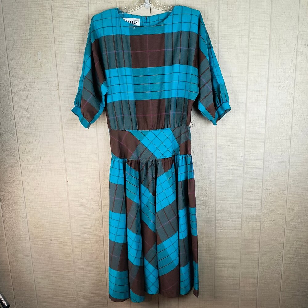 Vintage J. Ellis 80s Drop Waist Midi Dress Plaid Teal Brown Full Skirt